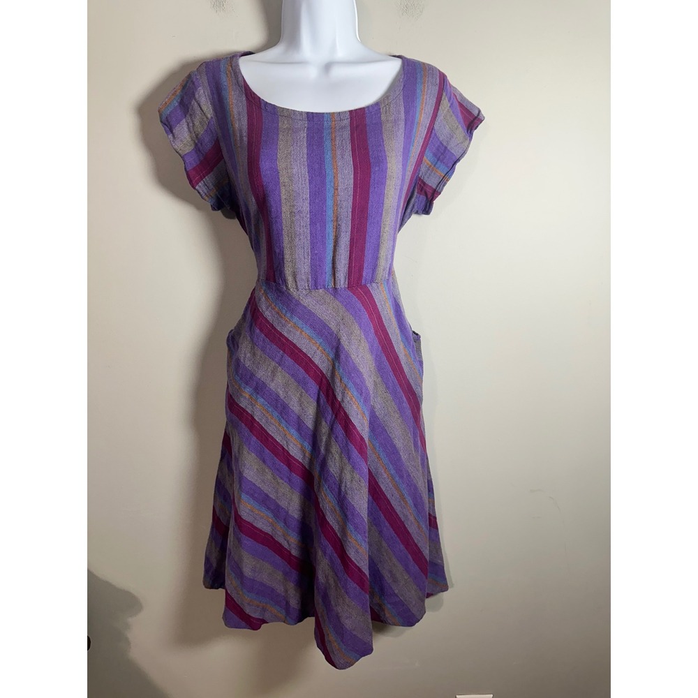 Ganesh Himal Brilliant Stranger Purple Striped Cotton Midi Dress Small Pockets